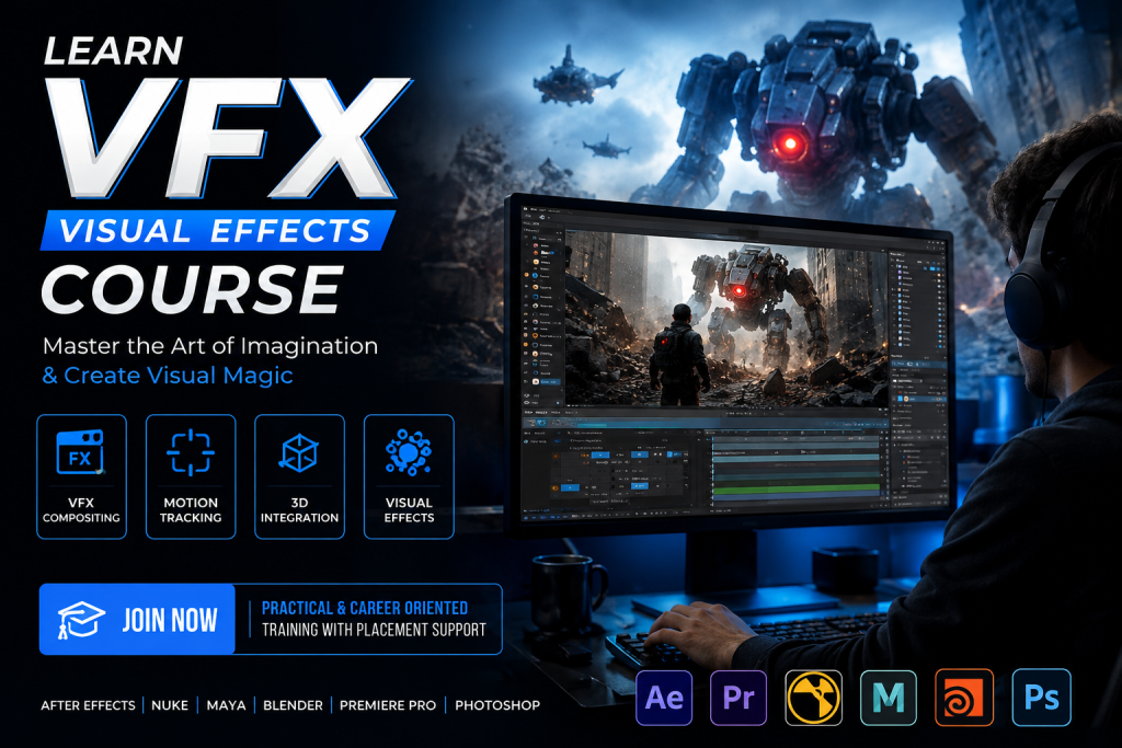 This image represents a professional VFX course in Delhi that provides practical training in Adobe After Effects, Nuke, Maya, Blender, compositing, motion graphics, and visual effects with placement assistance.